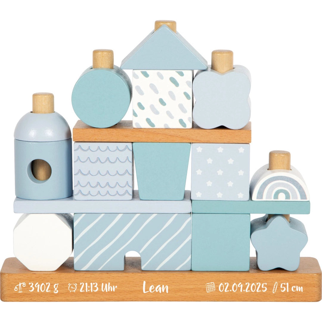 Personalisiertes small foot Stapelhaus Blau mit Druck zur Geburt