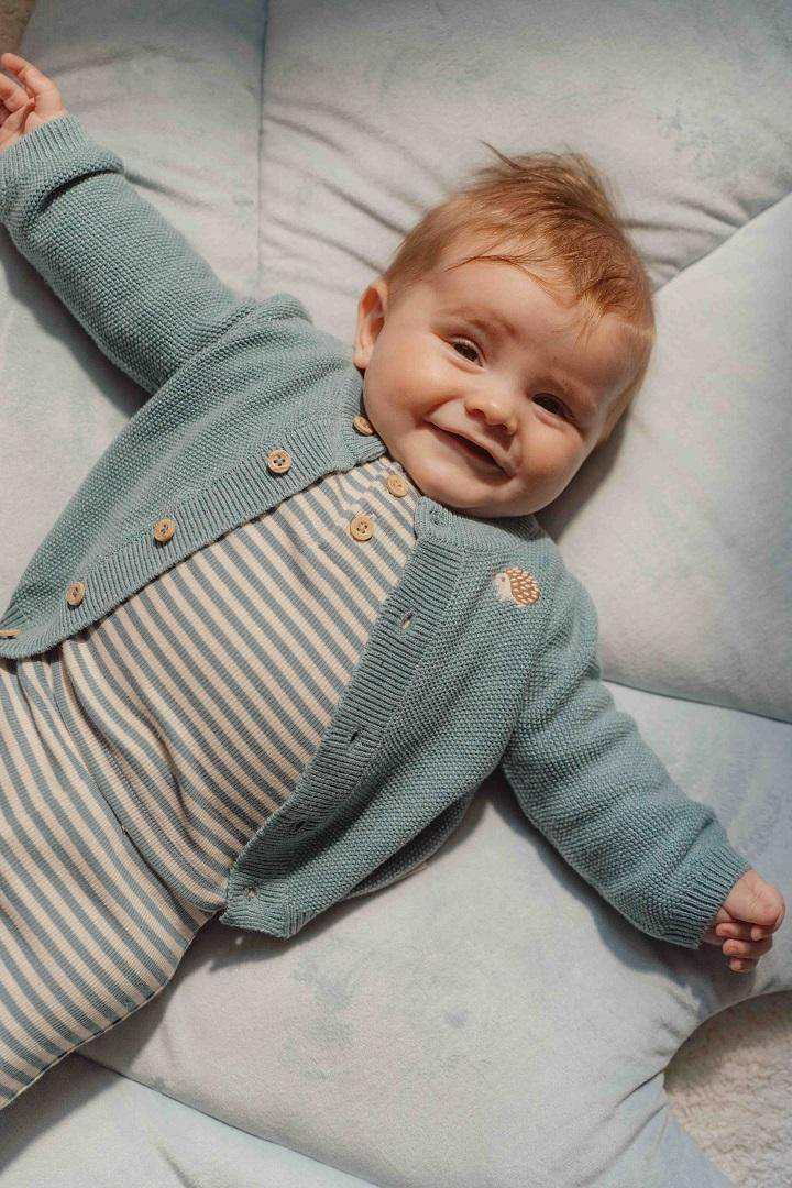 Baby-Strickjacke Baby Blue mit Igel-Stickerei – Produktansicht