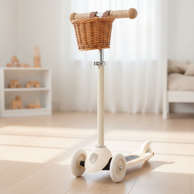 Beiger Banwood Kinderroller mit drei Rädern und Weidenkorb – freigestellte Produktansicht