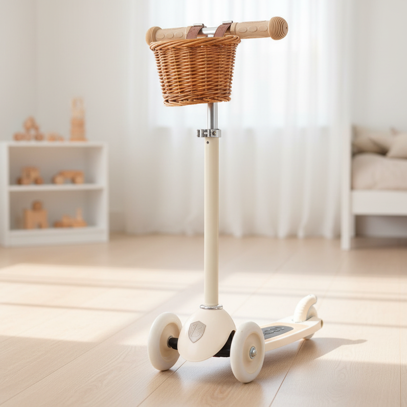Beiger Banwood Kinderroller mit drei Rädern und Weidenkorb – freigestellte Produktansicht