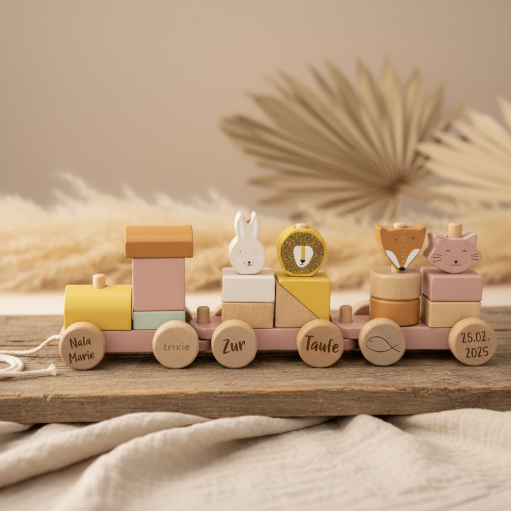 Tren de madera personalizado animales mujer gato – Regalo de bautizo | Schmatzepuffer