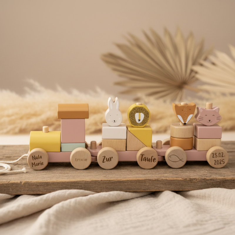 Gepersonaliseerde houten trein dieren vrouw kat – doopcadeau | Schmatzepuffer
