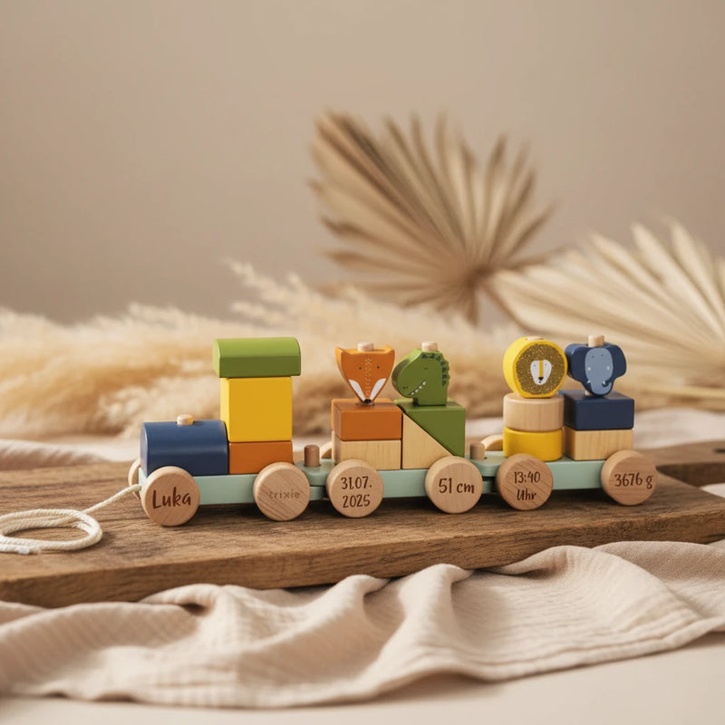 Tren de madera con animales – Regalo de nacimiento | Schmatzepuffer
