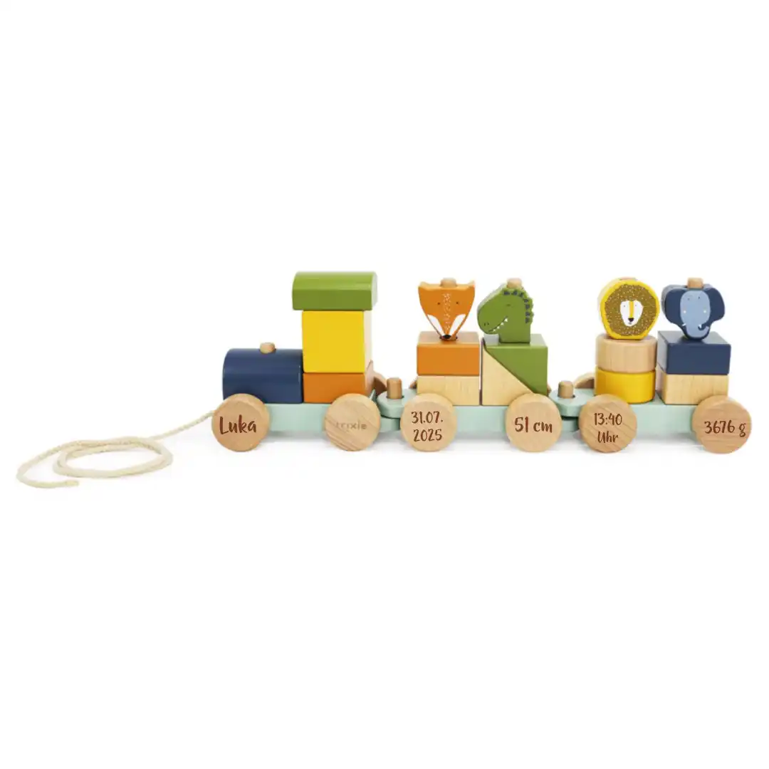 Holz-Zug Eisenbahn mit Tieren – Geschenk zur Geburt | Schmatzepuffer