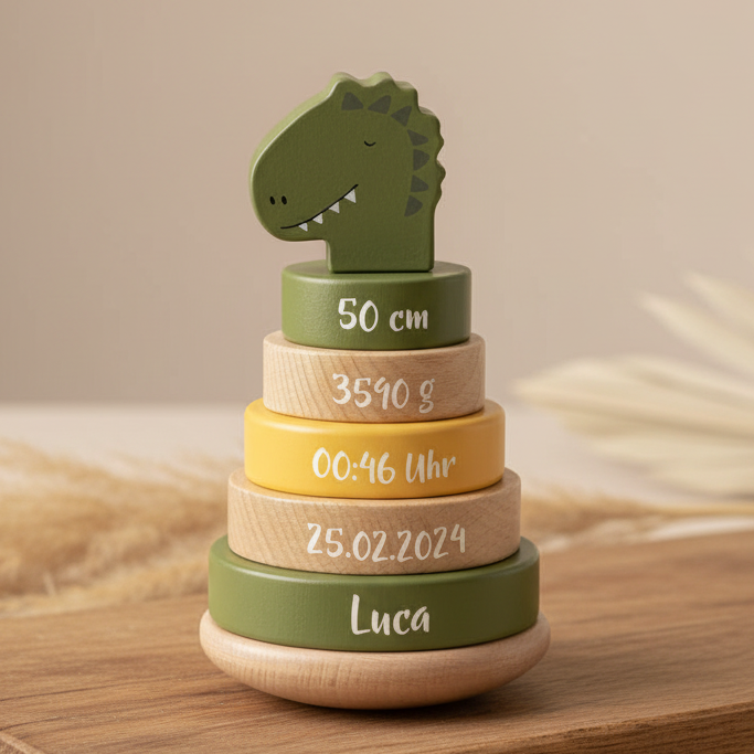 Gepersonaliseerde houten stapeltoren Meneer Dino – kraamcadeau | Schmatzepuffer