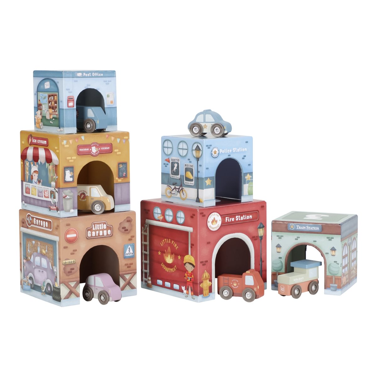 Little Dutch Fahrzeug-Set mit illustrierten Stapelblöcken