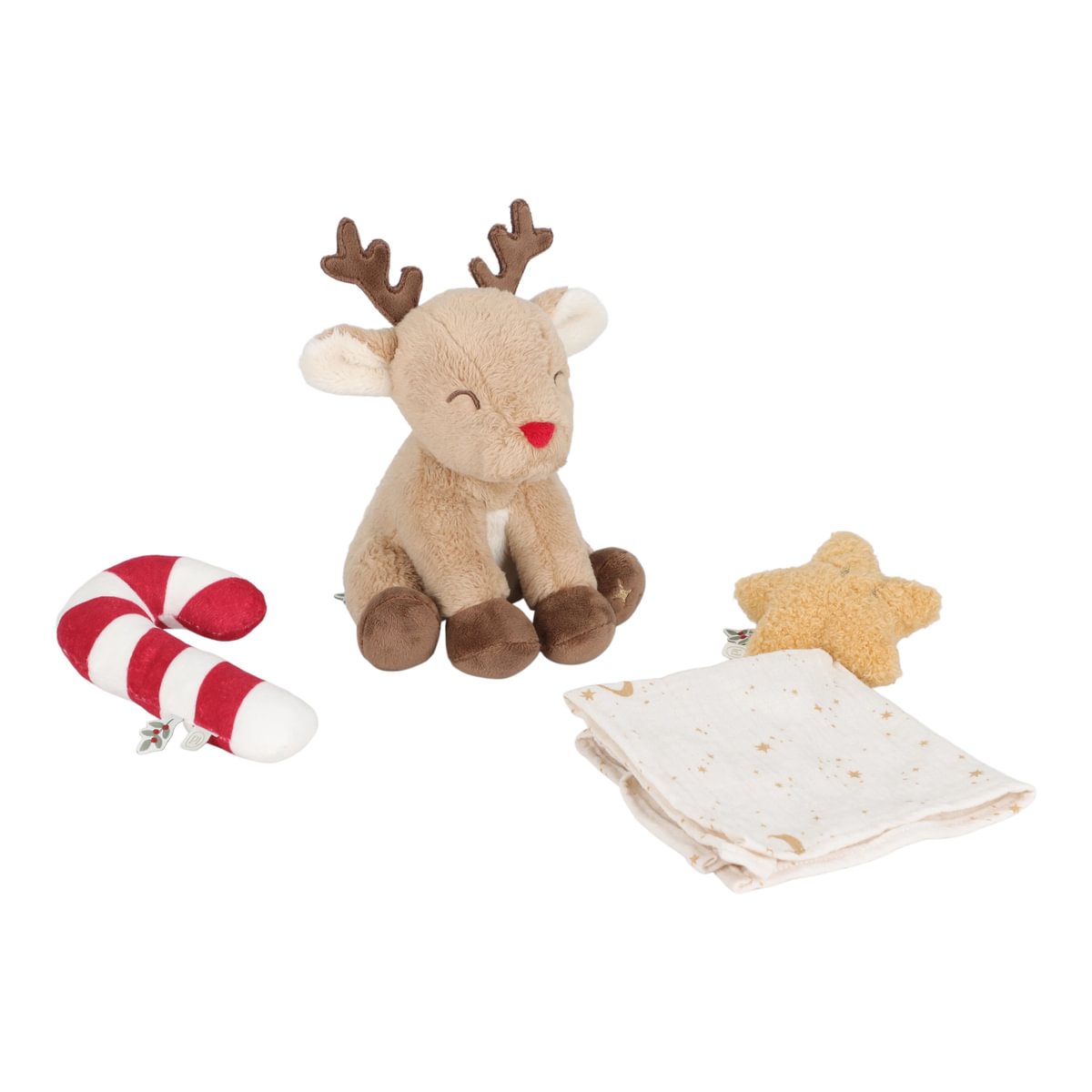 Weihnachtsset für Neugeborene mit Stern-Schmusetuch, Zuckerstangen-Rassel und Rentier