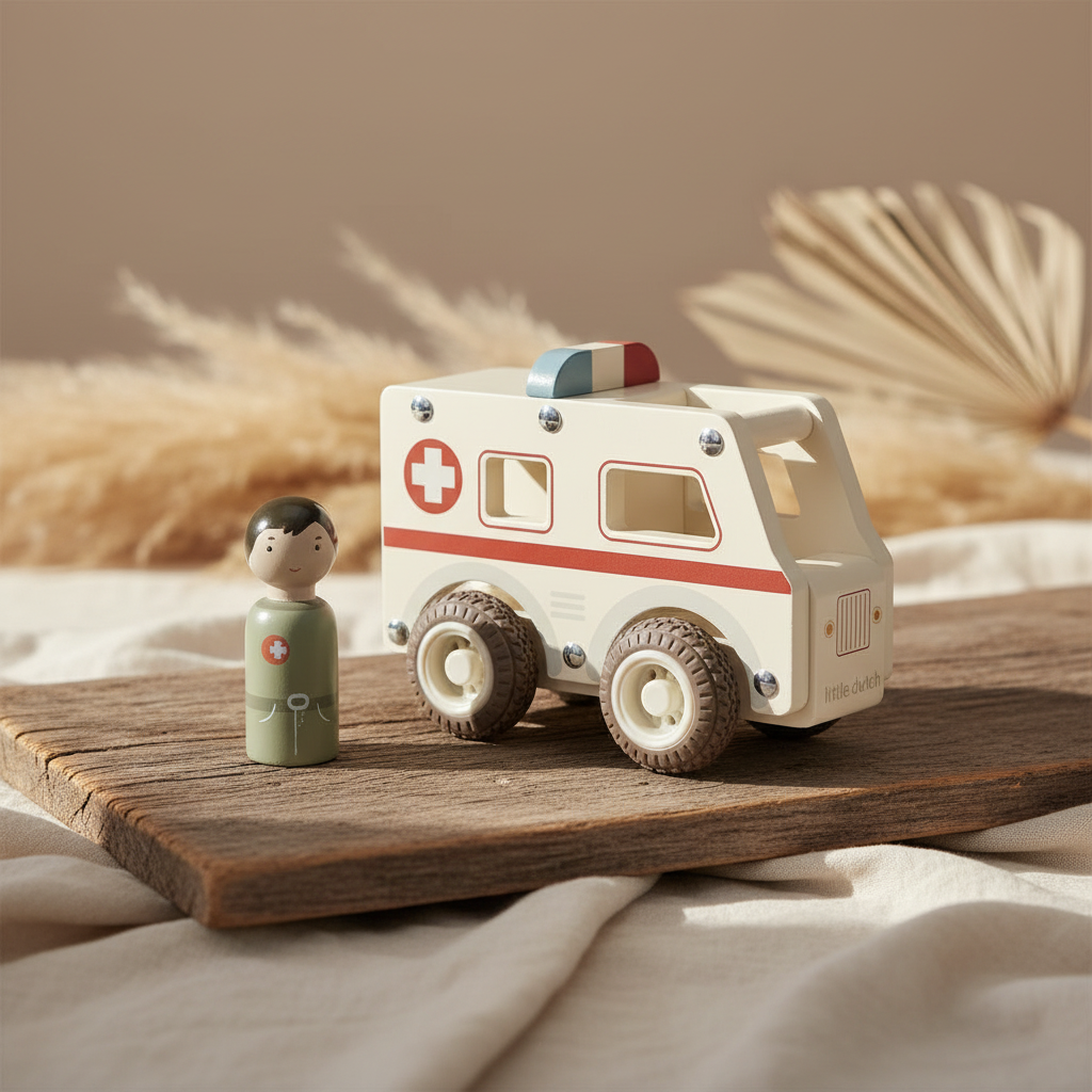 Holz-Krankenwagen von Little Dutch in Weiß mit Pflegefigur