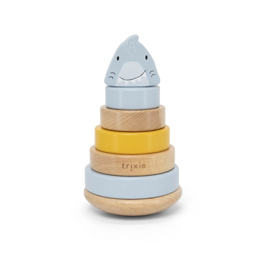 Trixie Holz-Stapelturm Herr Hai in Blau und Natur – Stapelspielzeug mit Hai-Motiv für Kinder