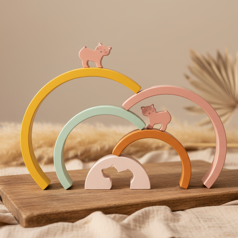 Jeu d'anneaux à empiler en bois Arc-en-ciel – Madame Chat | Trixie