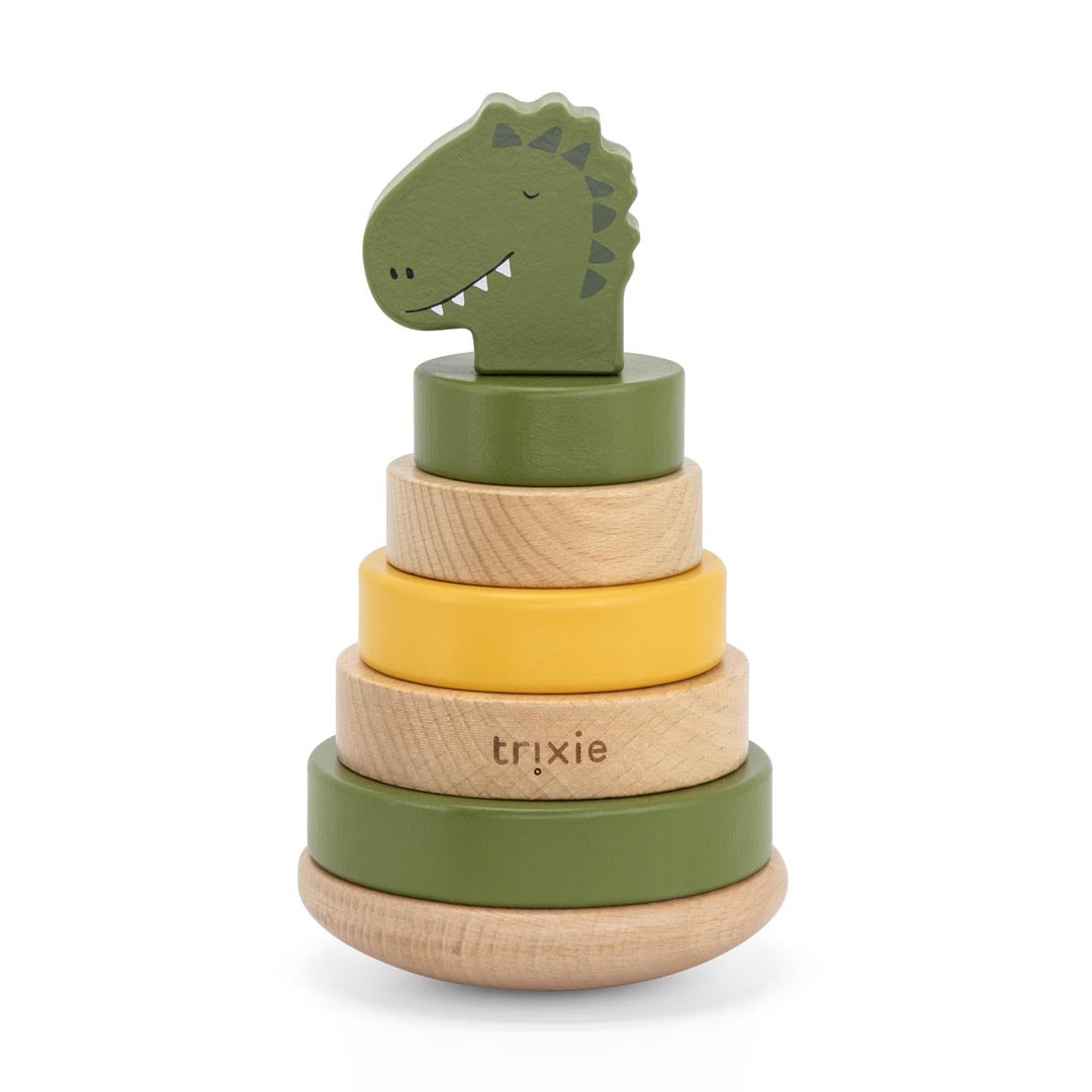 Trixie Holz-Stapelturm Herr Dino in Grün und Natur – Motorikspielzeug zum Stapeln für Kinder