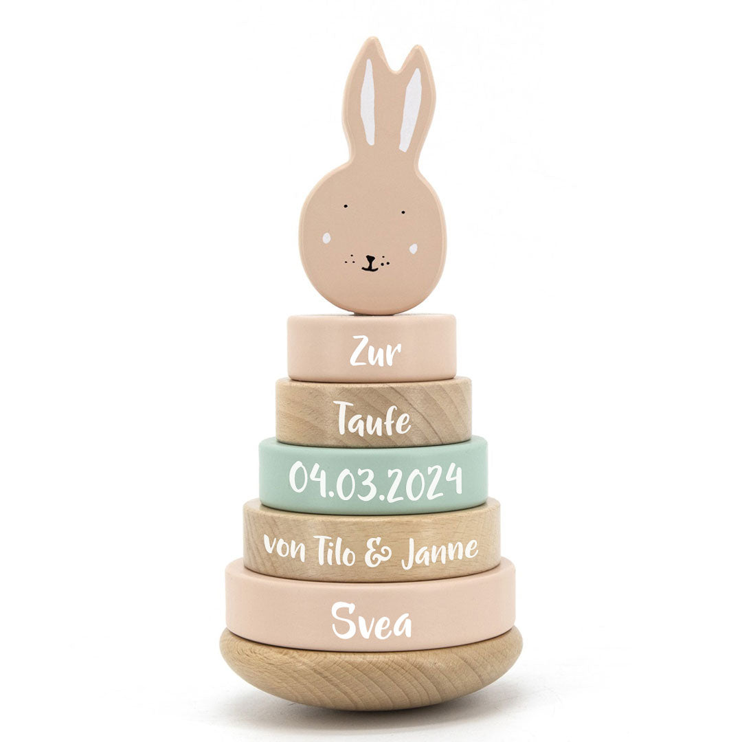 Personalisierter Holz-Stapelturm Frau Hase zur Taufe mit Name und Taufdatum