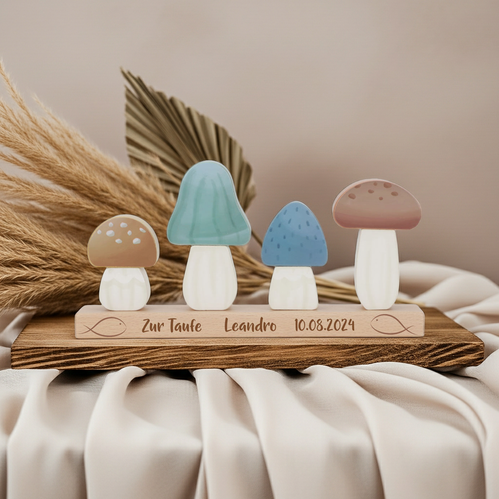 Personalisierte Stapel-Pilze Forest Friends zur Taufe mit Name – Produktansicht