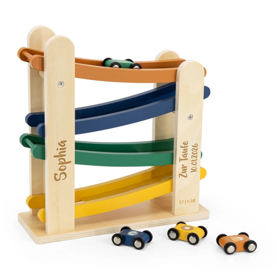 Holz-Rennbahn mit 4 Autos zur Taufe personalisiert mit Name und Taufdatum – Geschenk für Kinder
