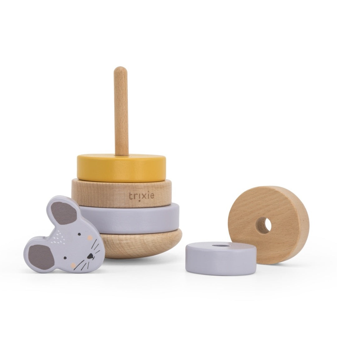 Trixie Stapelturm Holz Frau Maus – Geschenk zur Taufe – mit abgenommenen Stapelringen und Mausfigur