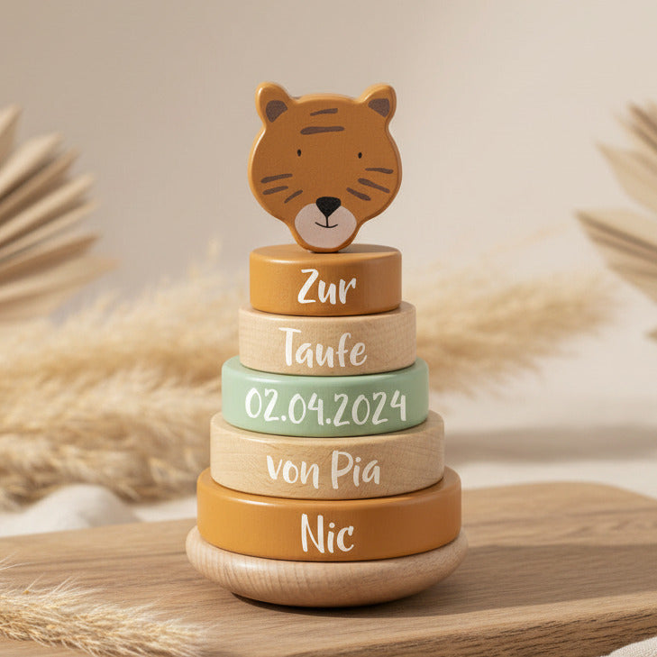 Stapeltoren hout meneer Tijger – doopcadeau | Schmatzepuffer