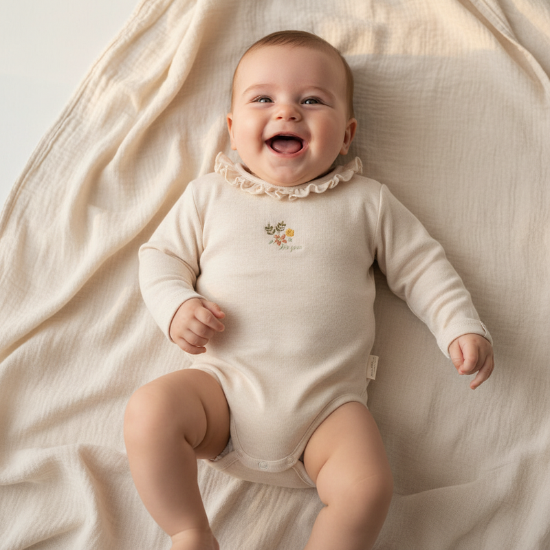 Langarmbody Sand Melange Little Farm von Little Dutch – Babybody aus Bio-Baumwolle mit Rüschen