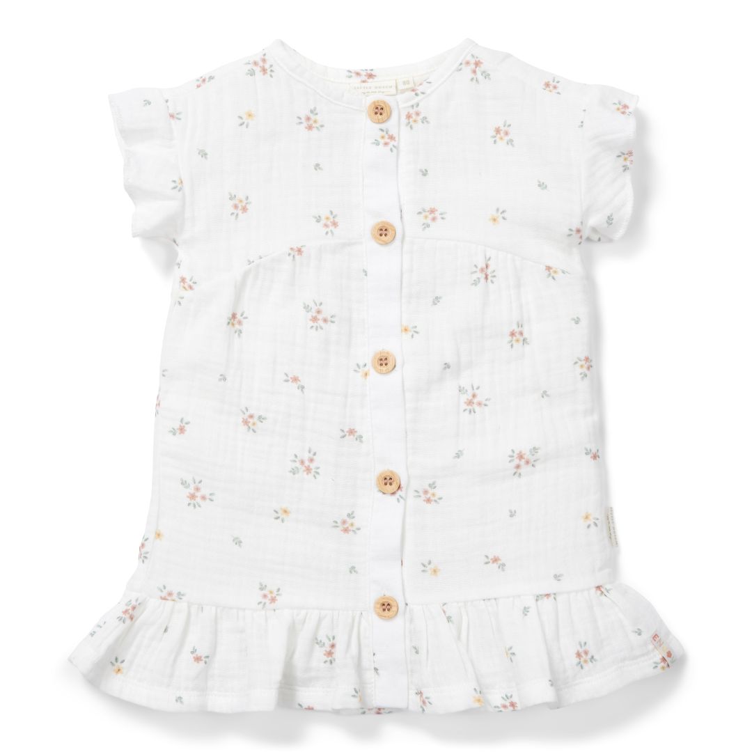 Kurzarm-Musselinkleid White Meadows mit Blumenprint und Rüschen