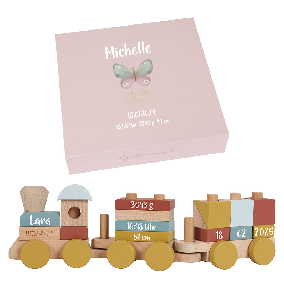 Geschenkset Flowers & Butterflies zur Geburt mit Holzzug und Erinnerungsbox – Set-Übersicht