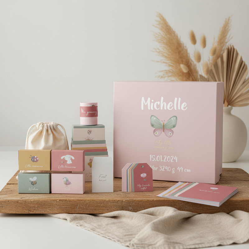 Personalisierte Erinnerungsbox Flowers & Butterflies für Baby-Erinnerungen