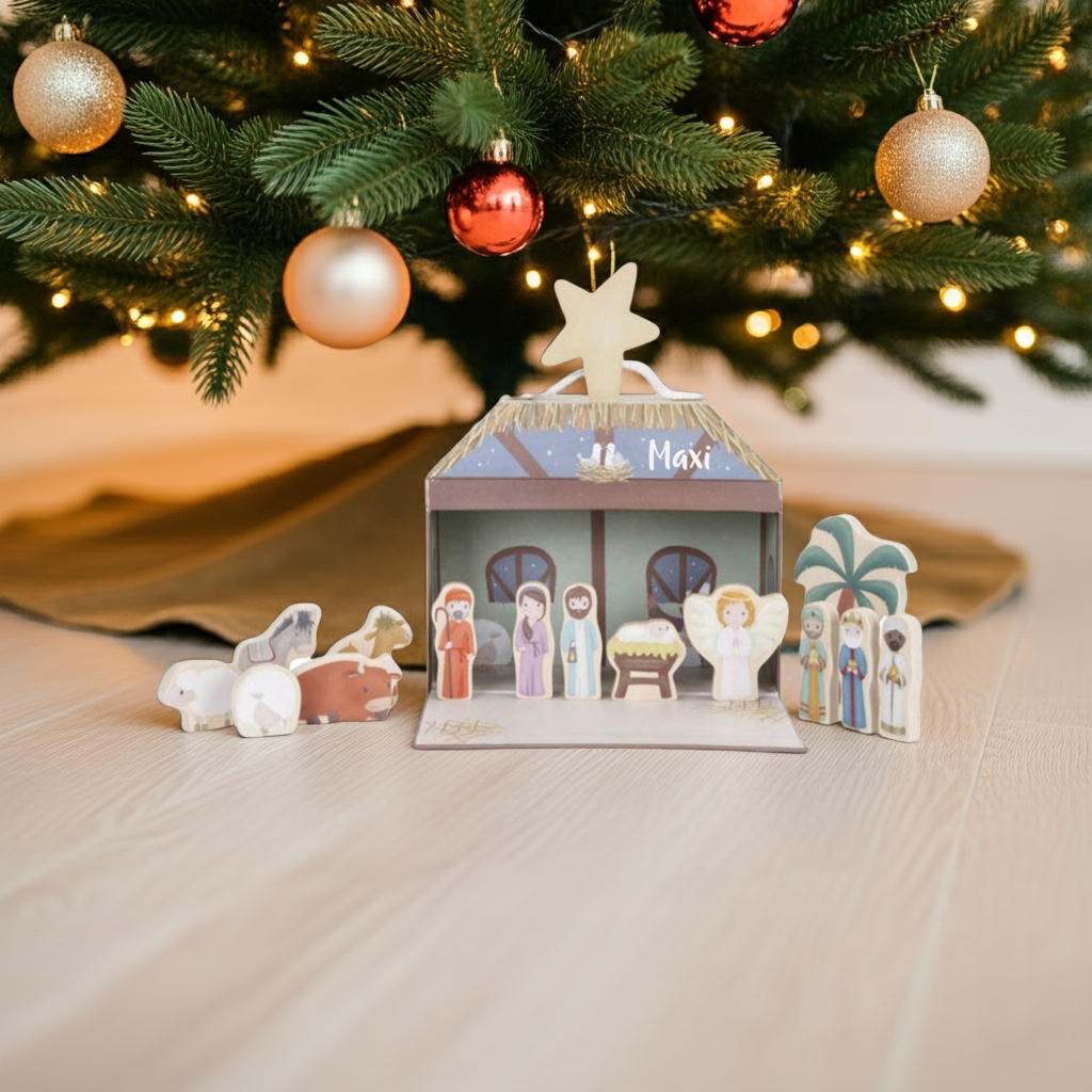 Weihnachtskrippe aus Holz mit Figuren als personalisiertes Weihnachtsgeschenk