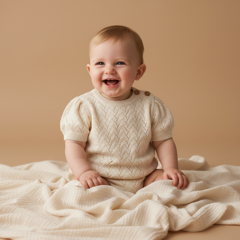 Cremefarbener Little Dutch Kurzarm-Strickpullover Fairy Garden Größe 104