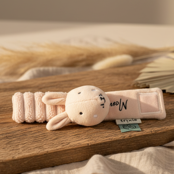 Personalisierte Trixie Handgelenksrassel Frau Hase in Rosa mit Name – weiche Babyrassel ab Geburt