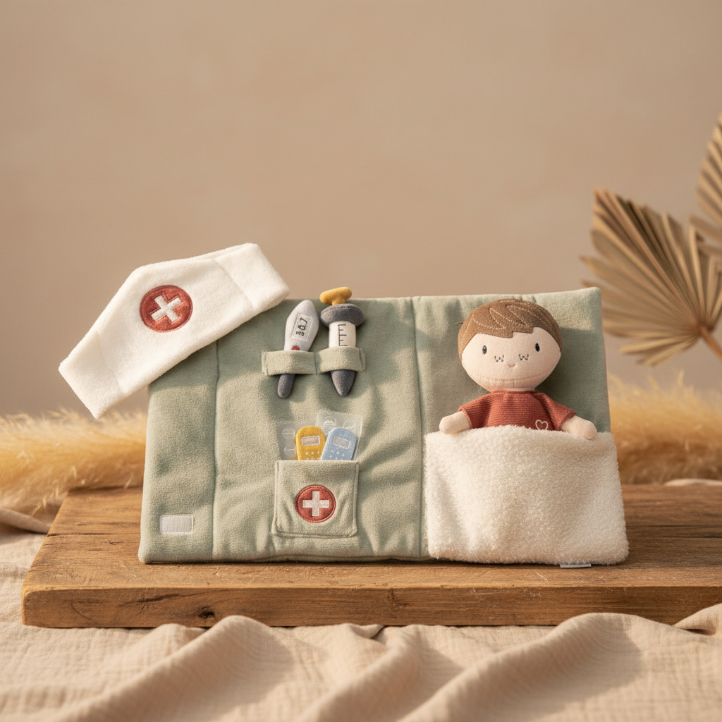 Kuschelpuppe Jim mit Doktor-Set und Arztzubehör für Kinder ab 12 Monaten