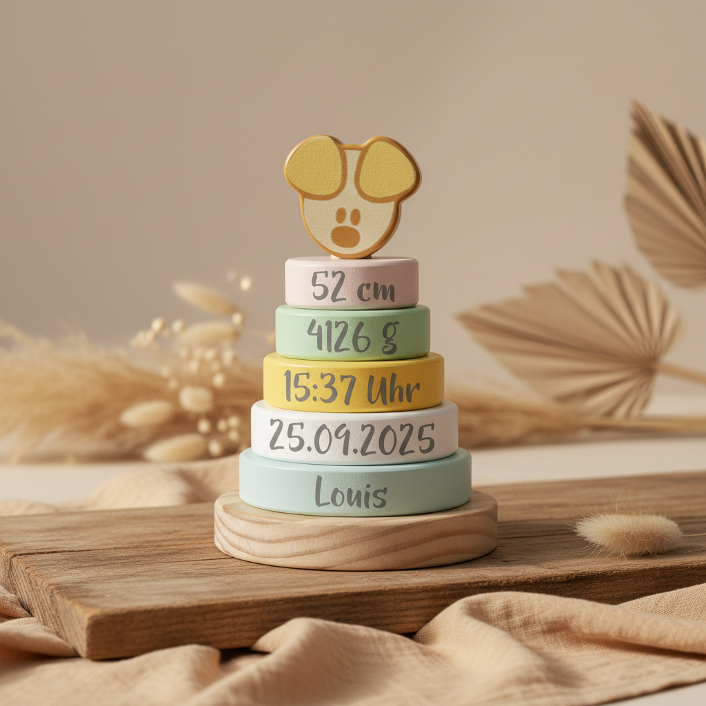Personalisierter Pip Baby Stapelturm als Geschenk zur Geburt