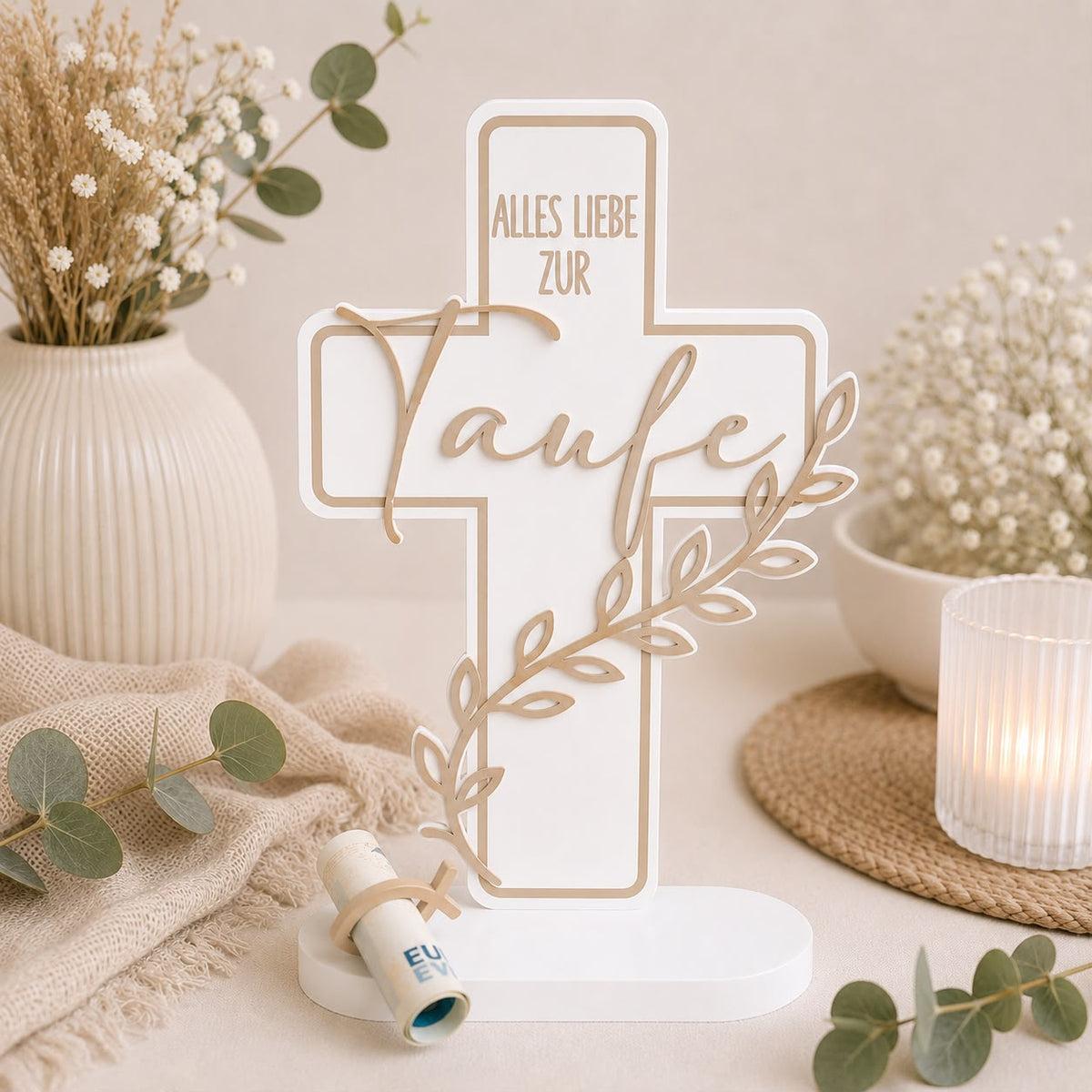 Personalisiertes Taufkreuz mit Name und Geldscheinhalter – 3D-Druck aus PLA