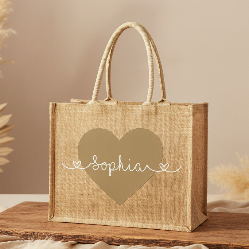 Bolsa de yute personalizada con corazón y nombre | Schmatzepuffer®