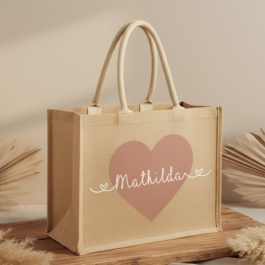 Jute tas met hart & naam gepersonaliseerd | Schmatzepuffer®