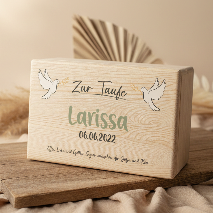 Personalisierte Erinnerungsbox aus Naturholz zur Taufe mit Name und farbigem Motiv
