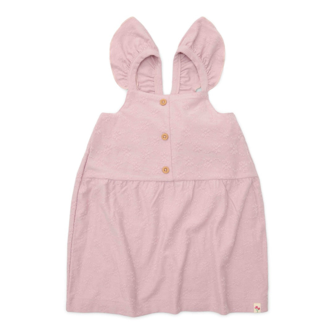 Ärmelloses Little Dutch Kleid Lilac in Flieder mit Schulter-Rüschen und Knöpfen in Holzoptik
