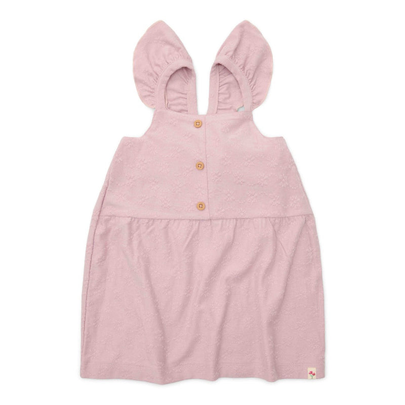 Ärmelloses Little Dutch Kleid Lilac in Flieder mit Schulter-Rüschen und Knöpfen in Holzoptik