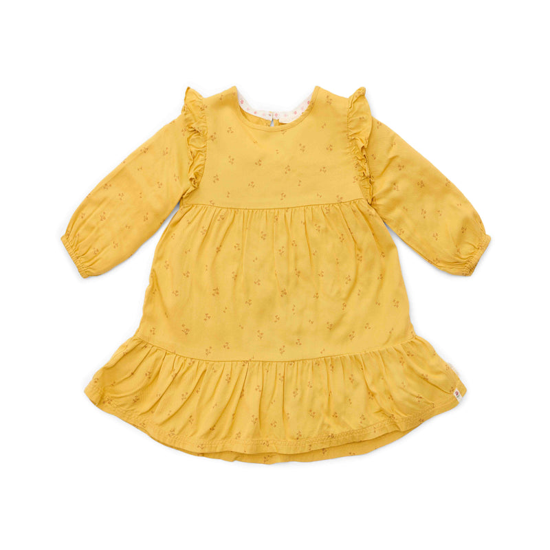 Little Dutch Langarm-Kleid Warm Yellow Blooming Flower mit Schulter-Rüschen