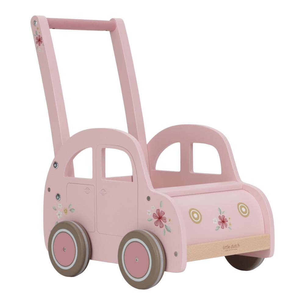 Little Dutch Laufwagen Pink aus Holz – stabiler Lauflernwagen mit Stauraum und gummierten Rädern für erste Schritte ab 12 Monaten