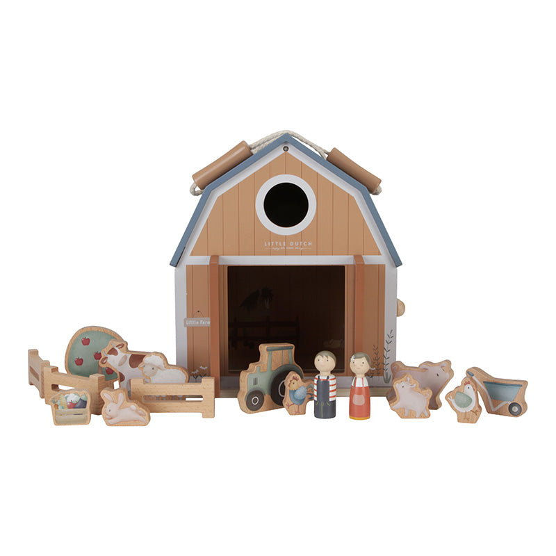 Little Dutch Puppenhaus Little Farm in Scheunenform – Holz-Spielhaus mit Bauernhoftieren und Figuren für fantasievolle Geschichten ab 3 Jahren