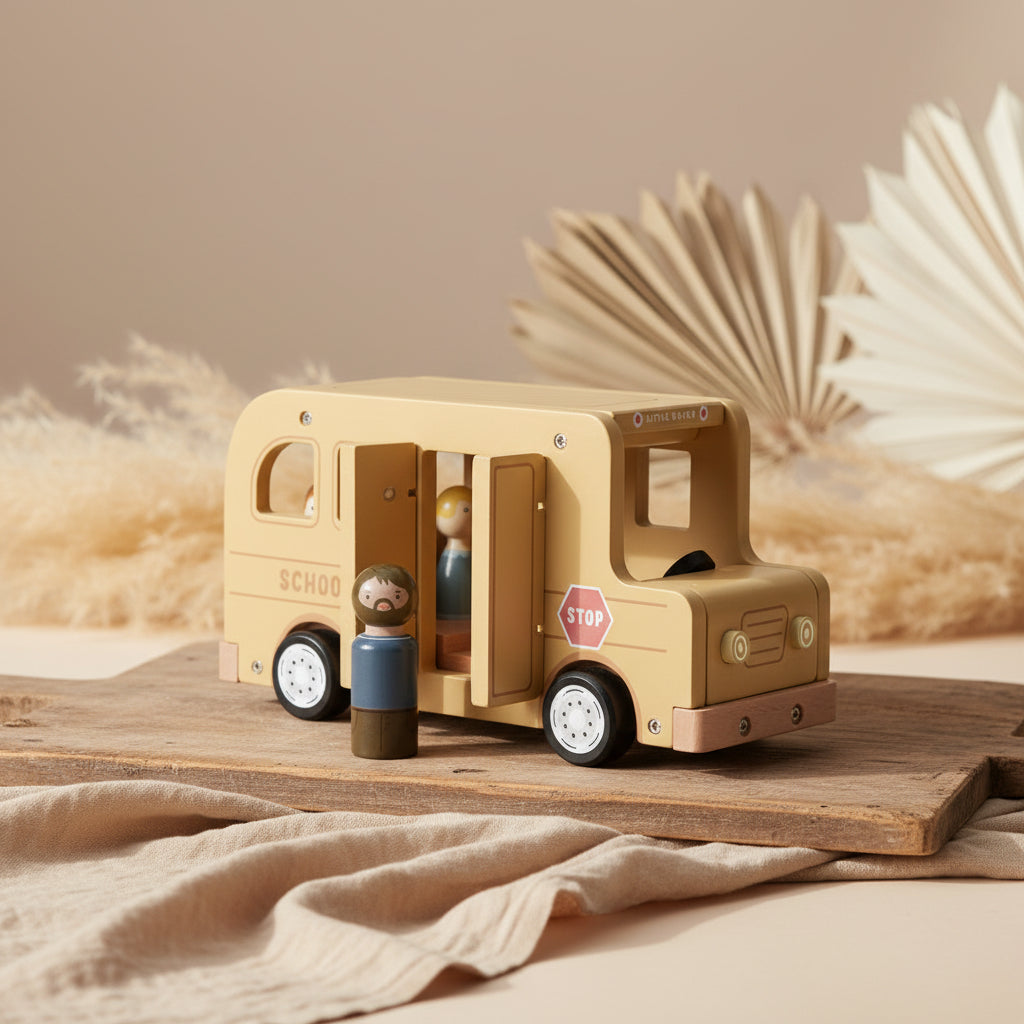 Gelber Schulbus aus Holz als Spielzeugfahrzeug für Kinder