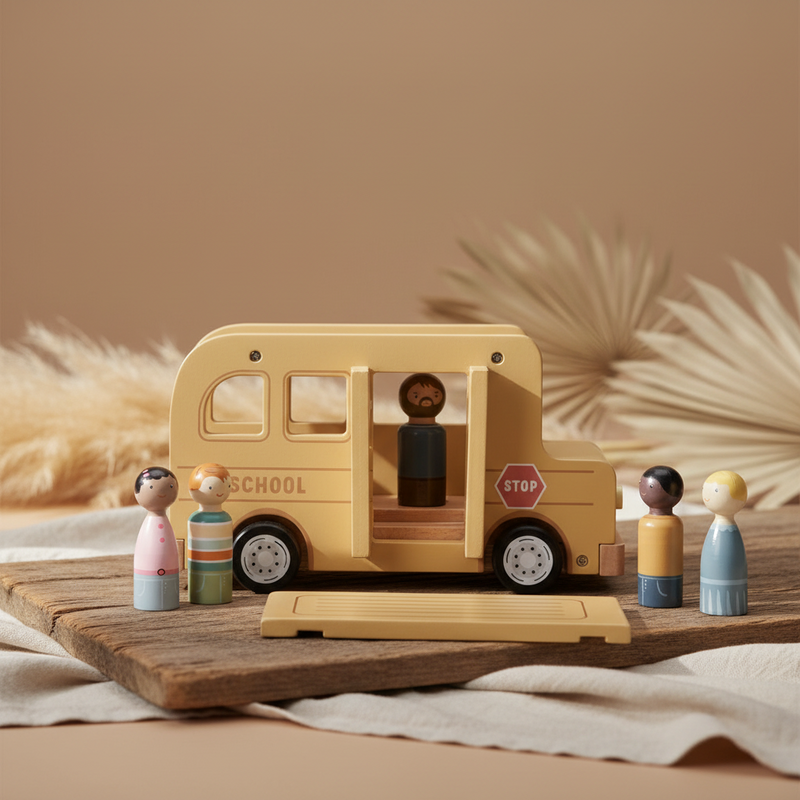Holz-Schulbus für Kinder mit Rädern und öffnender Tür