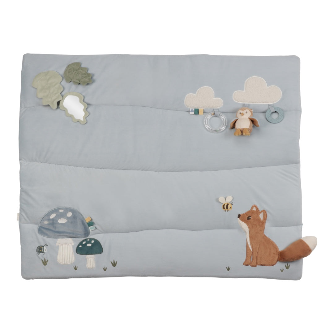 Little Dutch Spieldecke Forest Friends – gepolsterte blaue Baby-Spielmatte mit Fuchs, Eule, Käfer, Spiegel und sensorischen Elementen