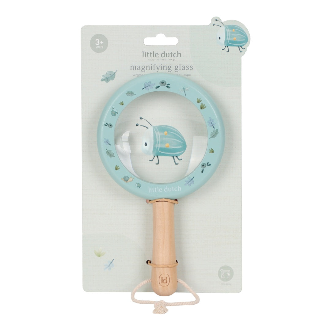 Blaue Little Dutch Kinderlupe Forest Friends – Naturforscher-Spielzeug mit Holzrahmen zum Beobachten kleiner Tiere und Pflanzen
