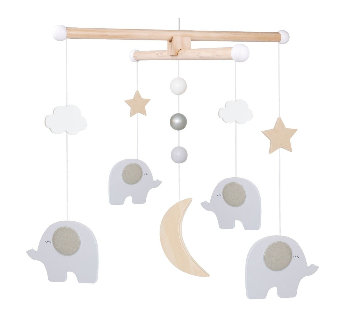 JaBaDaBaDo Holz-Mobile mit grauen Elefanten, Wolken, Mond und Sternen
