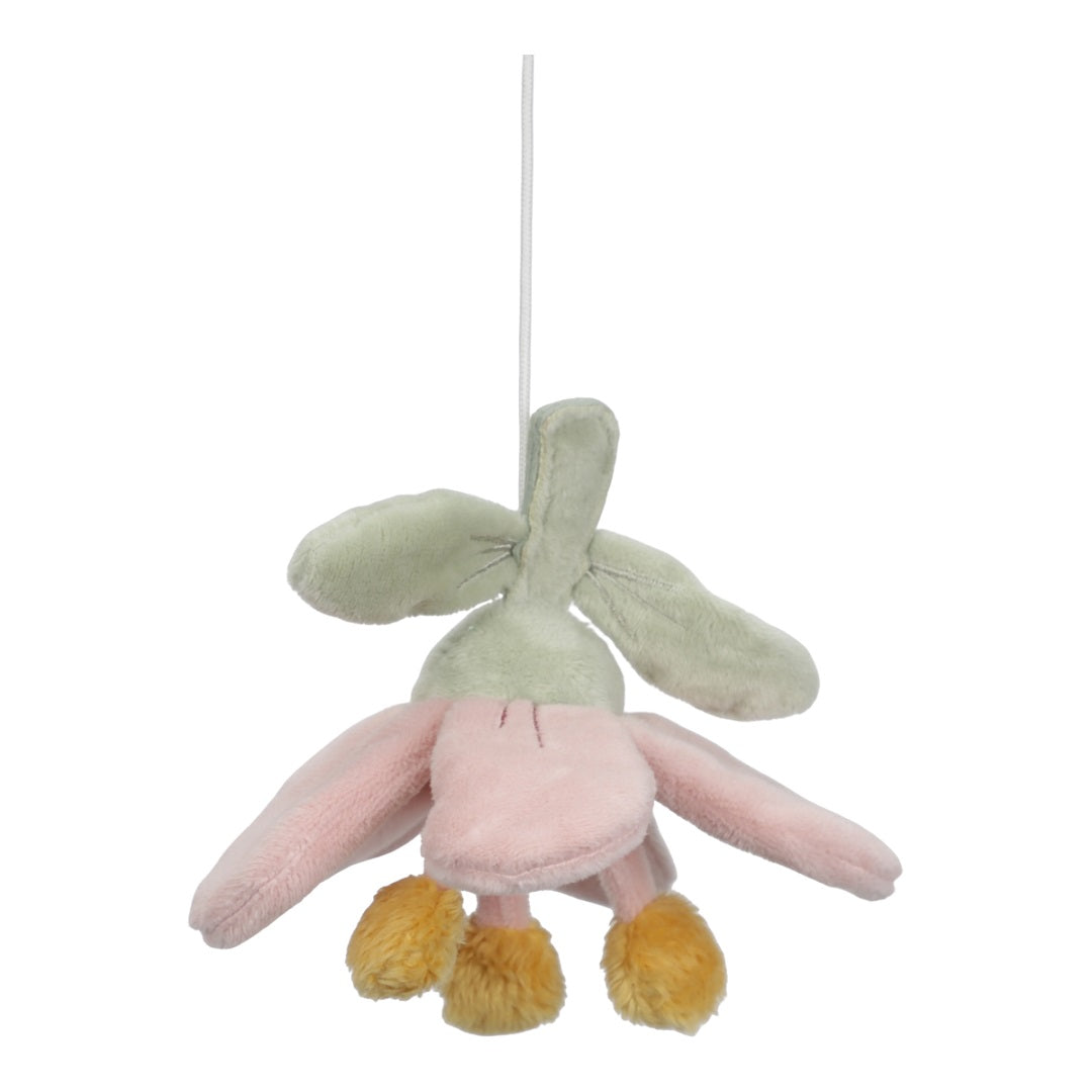 Little Dutch Musik-Mobile Fairy Garden – Detailansicht des Baby-Mobiles mit Reh, Erdbeere, Blume, Pilz und Vogel in Rosa