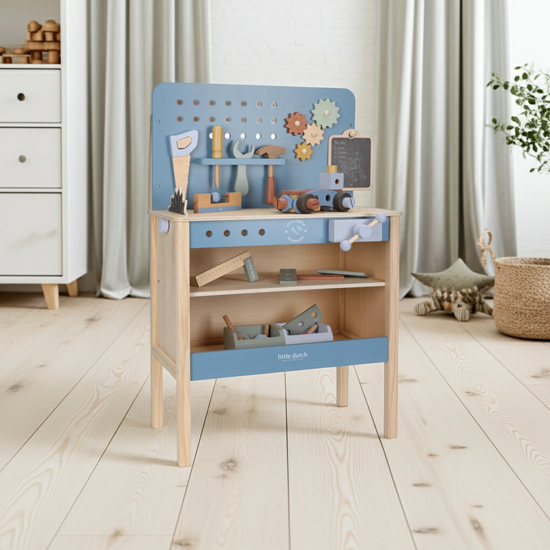 Little Dutch Holz-Werkbank in Blau mit Werkzeugen – Produktansicht