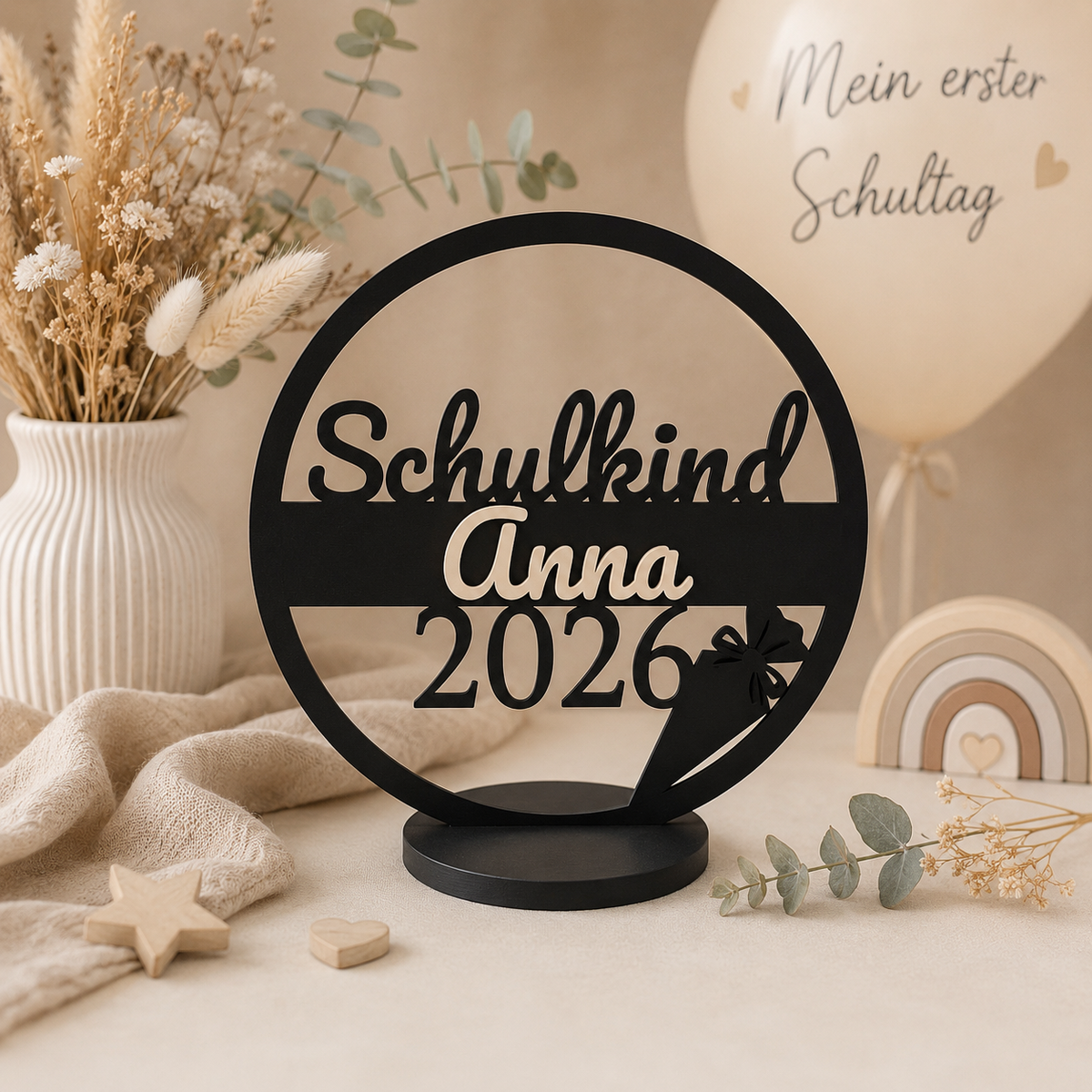 Personalisiertes Einschulungsschild 2026 als Aufsteller mit Name Anna in Beige-Sand