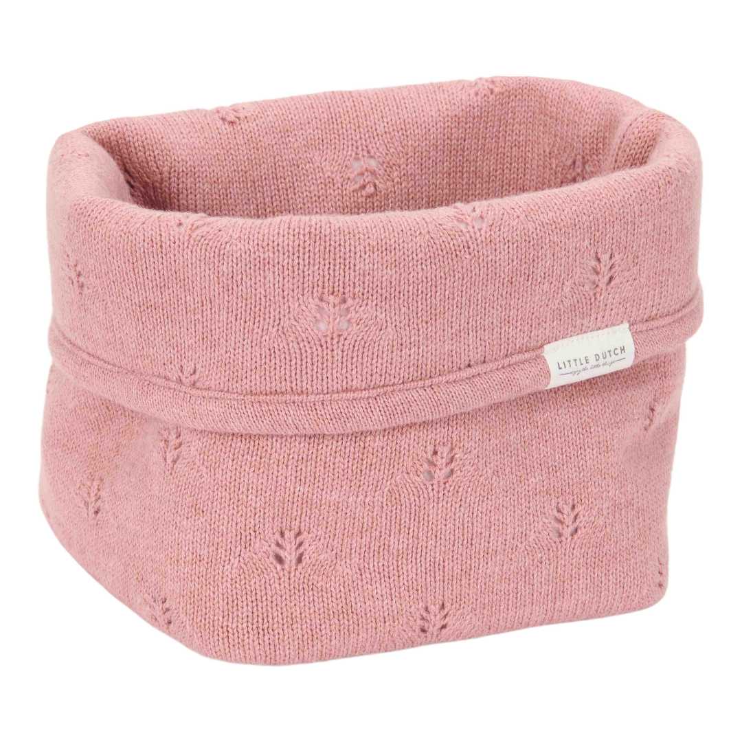Little Dutch Pflegekörbchen Pure Pink Blush klein – pinker gestrickter Bio-Baumwollkorb mit Pointelle-Blattmuster für den Wickelplatz