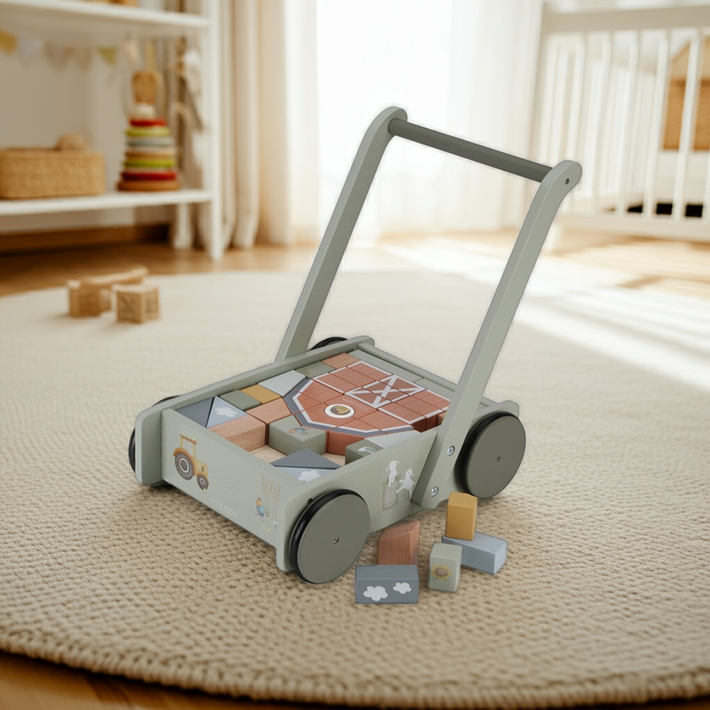 Little Farm Lauflernwagen aus Holz mit bunten Bauklötzen für Kinder ab 12 Monaten