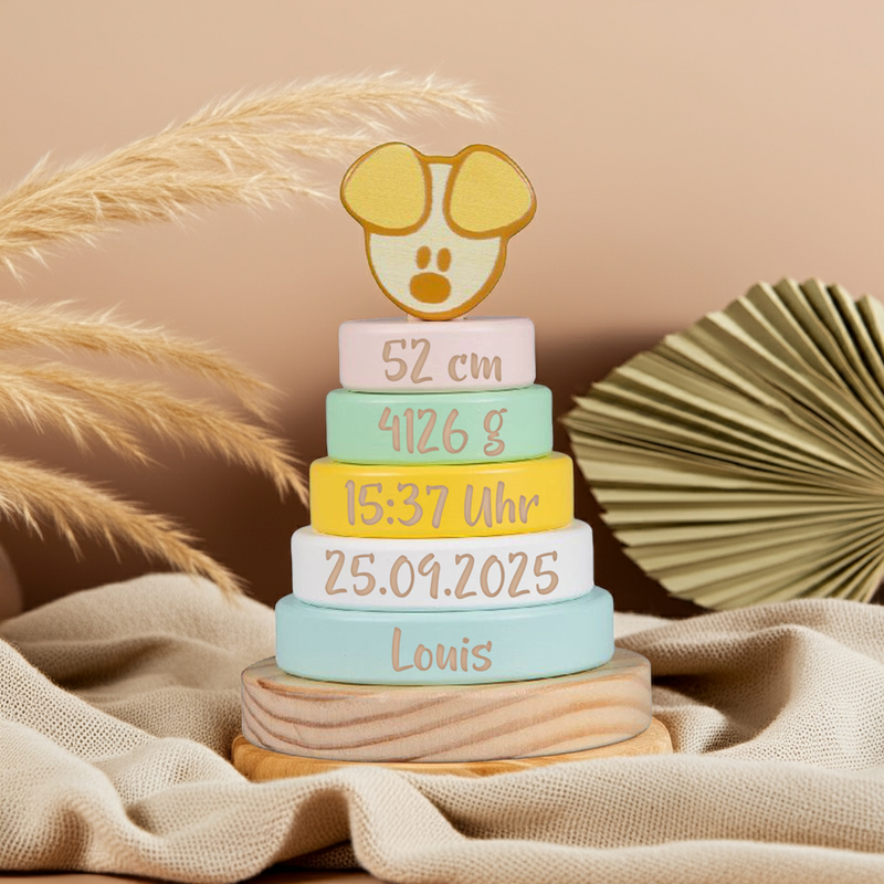 Personalisierter blauer Pip Baby Stapelturm mit Name und Geburtsdaten
