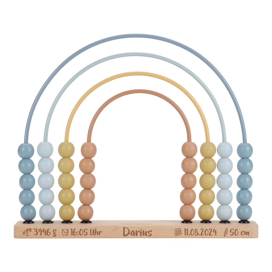 Personalisierter Little Dutch Regenbogen-Abakus Forest Friends in Blau mit individuellen Daten – Holz-Lernspielzeug zum Zählen